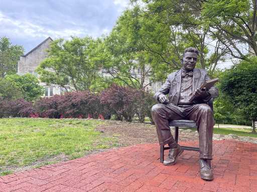 A bronze sculpture of Alfred Kinsey, a sex researcher who founded Indiana University's branch of se…