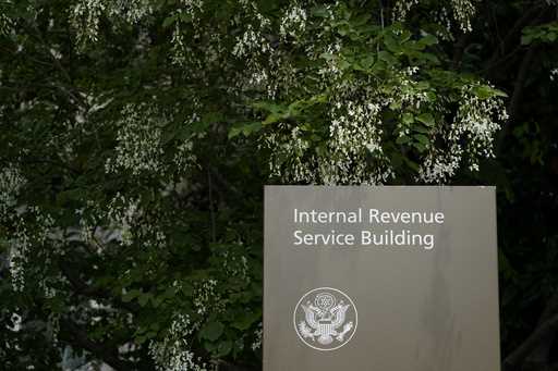 A sign for the Internal Revenue Service building in Washington, on May 4, 2021