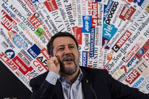 Italian Infrastructure Minister Matteo Salvini speaks during a press conference at the Foreign Pres…