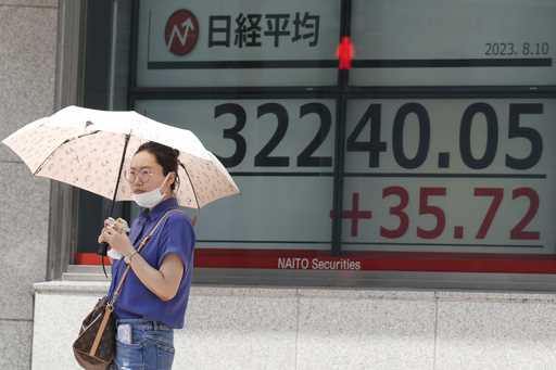 A person stands in front of an electronic stock board showing Japan's Nikkei 225 index at a securit…