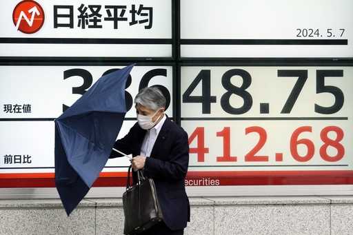 A person walks in the rain near an electronic stock board showing Japan's Nikkei 225 index at a sec…
