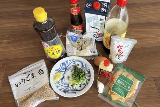 This photo shows the ingredients to cook ramen easily in Tokyo, on April 22, 2024
