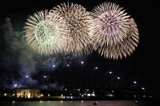 Fireworks are viewed from Toki Messe where the G7 meeting of finance ministers and central bank gov…