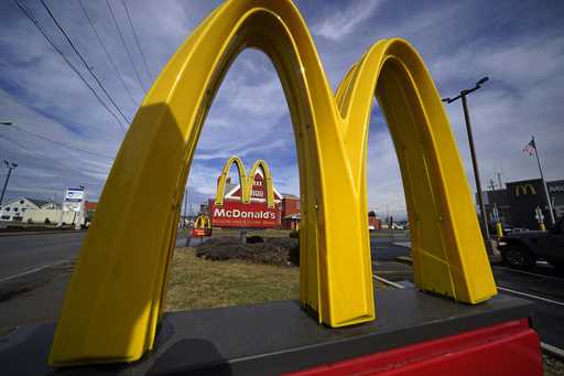 McDonald's restaurant signs are shown in in East Palestine, Ohio, February 9, 2023