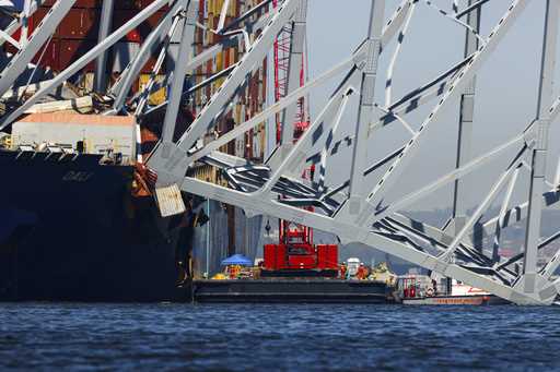 Salvage work continues on the collapsed Francis Scott Key Bridge, Monday, April 15, 2024, in Baltim…