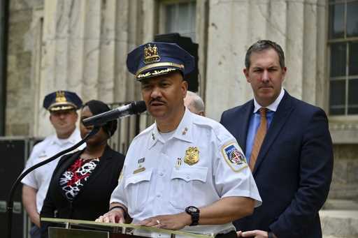 Baltimore County Police Chief Robert McCullough and other local officials speak at a news conferenc…