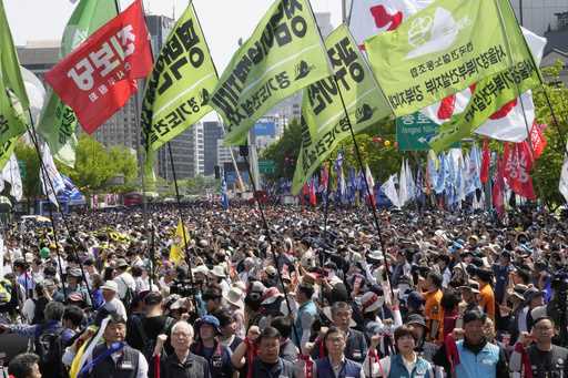 Members of the Korean Confederation of Trade Unions gather to attend a rally on May Day in Seoul, S…