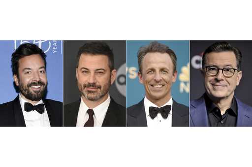 This combination of images shows, from left, Jimmy Fallon, Jimmy Jimmy Kimmel, Seth Meyers, and Ste…