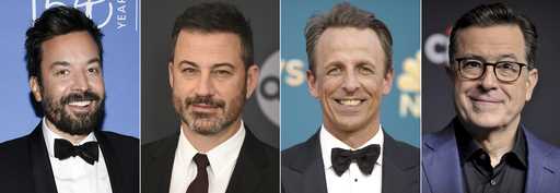 This combination of images shows, from left, Jimmy Fallon, Jimmy Jimmy Kimmel, Seth Meyers, and Ste…