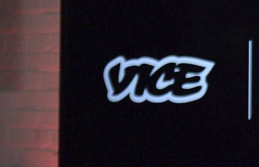 The Vice logo is seen at a joint venture announcement between Vice Media and Roger Communications i…