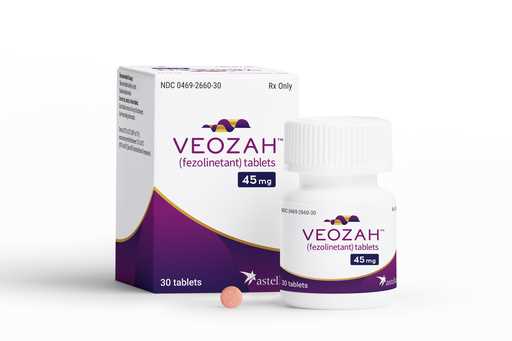 In this undated product photo released by Astellas Pharma, a box and container of Veozah drug are d…