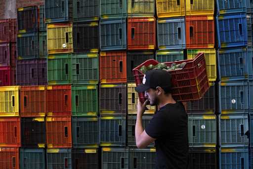 A worker carries a crate of avocados at a plant in Uruapan, Michoacan state, Mexico, Friday, Februa…