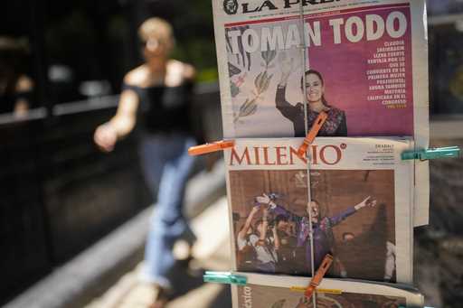 Mexican newspapers show photos of presidential candidate Claudia Sheinbaum declaring victory in Mex…
