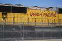 A Union Pacific train engine sits in a rail yard on Sept