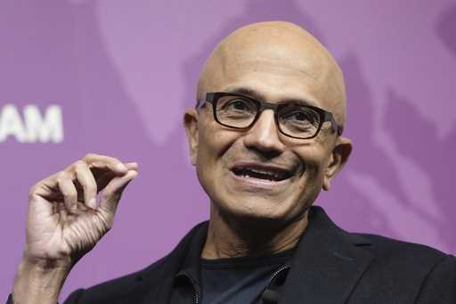 File - Microsoft CEO Satya Nadella speaks at Chatham House in London, January 15, 2024, ahead of tr…