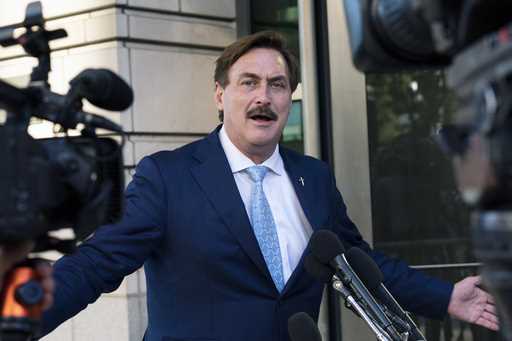 MyPillow chief executive Mike Lindell speaks to reporters outside federal court in Washington, June…