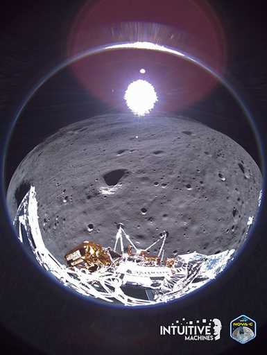 This image provided by Intuitive Machines shows a broken landing leg on the Odysseus lander