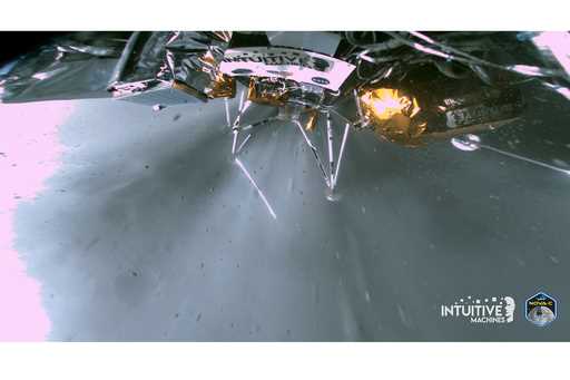 This image provided by Intuitive Machines shows a broken landing leg on the Odysseus lander