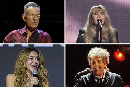 This combo image shows Bruce Springsteen, top left; Stevie Nicks, top right; Shakira, bottom left; …