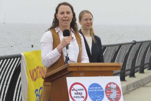 Taylor McFarland, a project manager with the Sierra Club speaks at a press conference in Keyport N