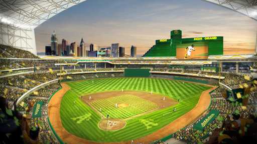 This rendering provided by the Oakland Athletics on May 26, 2023, shows a view of their proposed ne…