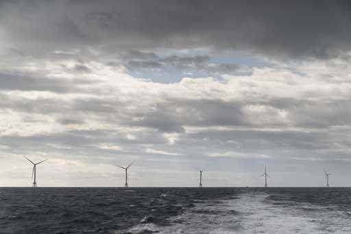 The turbines of America's first offshore wind farm are seen from a tour boat off the coast of Block…