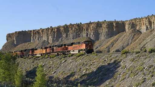 A train transports freight on a common carrier line near Price, Utah on Thursday, July 13, 2023