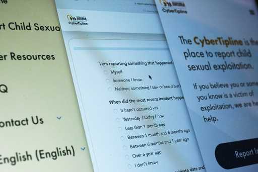 Pages from the CyberTipline website are seen on a computer in New York on Friday, April 19, 2024