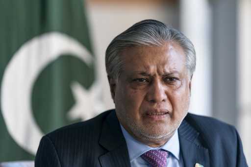 Pakistani Finance Minister Ishaq Dar speaks with The Associated Press during an interview at the Pa…