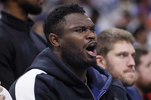 New Orleans Pelicans forward Zion Williamson shouts from the bench during the second half in Game 2…