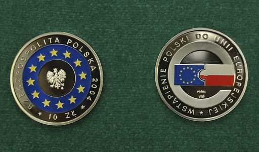 A multicolor 10 Polish Zloty coin marking Poland entering the European Union is presented by the Na…