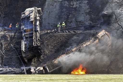 Smoke fills the sky after an empty CSX coal train hit a rockslide along tracks causing a fiery dera…