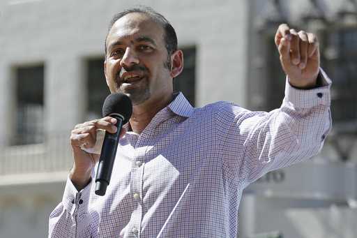 Dilawar Syed, president of the software company Freshdesk, speaks during a Tech Stands Up rally out…