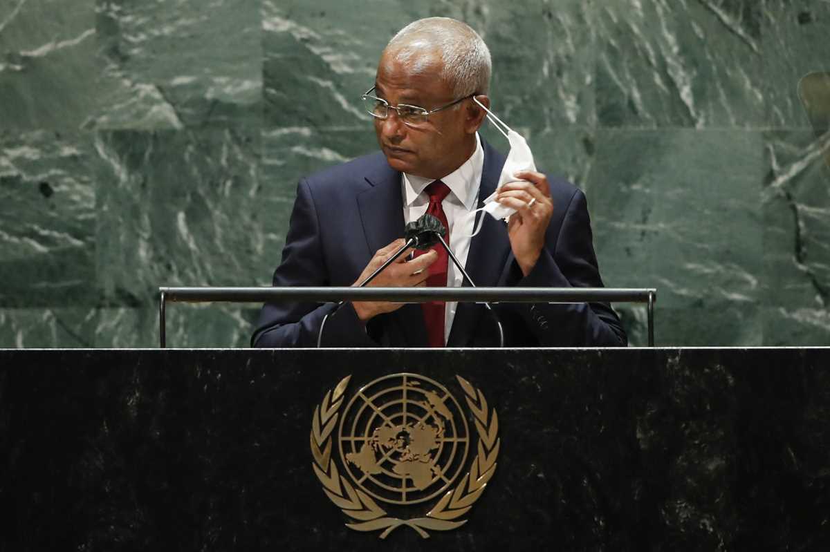 Maldives' President Ibrahim Mohamed Solih addresses the 76th Session of the U.N. General Assembly in New York City