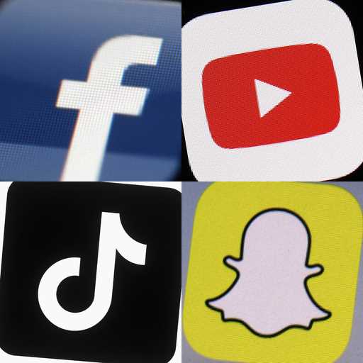 This combination of 2017-2022 photos shows the logos of Facebook, YouTube, TikTok and Snapchat on m…