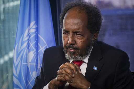 Somalia's President Hassan Sheikh Mohamud listens during an interview on his visit to the United Na…