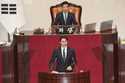 Canadian Prime Minister Justin Trudeau, bottom, delivers a speech as South Korea's National Assembl…