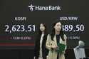 Currency traders pass by the screen showing the Korea Composite Stock Price Index…