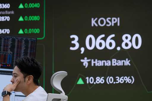 A currency trader watches monitors near a screen showing the Korea Composite Stock Price Index…
