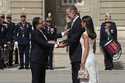 Colombia's President Gustavo Petro, left, and Spain's King Felipe, centre, greet each other alongsi…