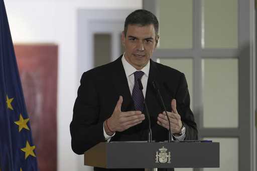 Spain's Prime Minister Pedro Sanchez speaks during a press conference at the Spanish Embassy in Bei…