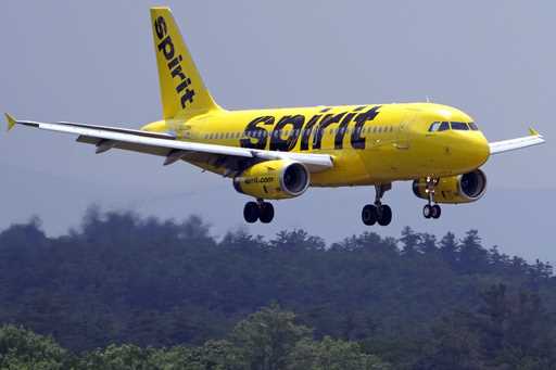 A Spirit Airlines 319 Airbus approaches Manchester Boston Regional Airport for a landing, June 2, 2…