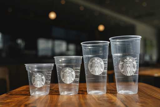 This photo provided by Starbucks shows a new version of the company's cold cup which is said to be …