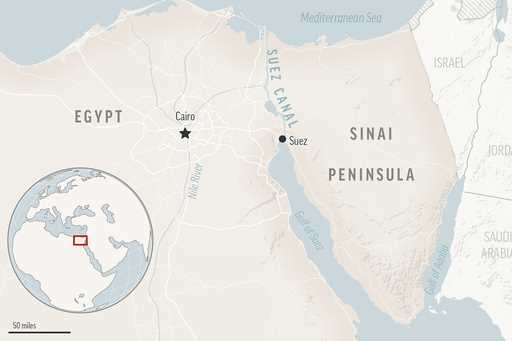 This is a locator map for the Suez Canal and the Sinai Peninsula in Egypt, with its capital, Cairo