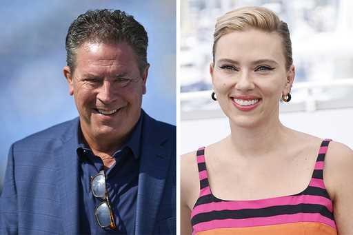 This combo photo shows NFL legend Dan Marino, left, and actress Scarlett Johansson, right