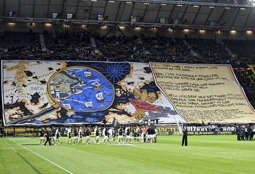 AIK's supporters hold a banner against VAR during the Allsvenskan soccer match between AIK and Väst…