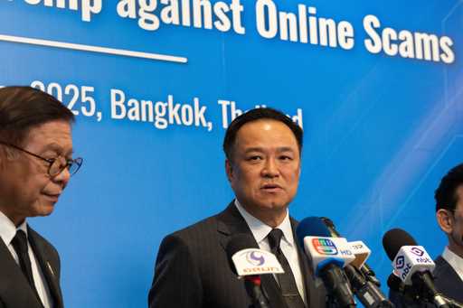 Thai Prime Minister Anutin Charnvirakul answers journalists' questions during the International Con…