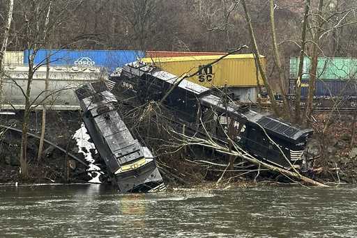 This photo provided by Nancy Run Fire Company shows a train derailment along a riverbank in Saucon …