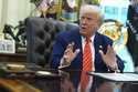 President Donald Trump speaks during a news conference with Elon Musk in the Oval Office of the Whi…