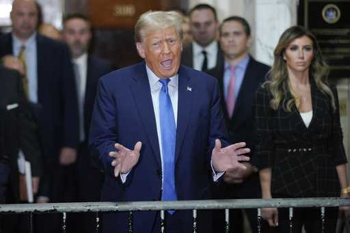 Former President Donald Trump speaks outside the courtroom after testifying at New York Supreme Cou…